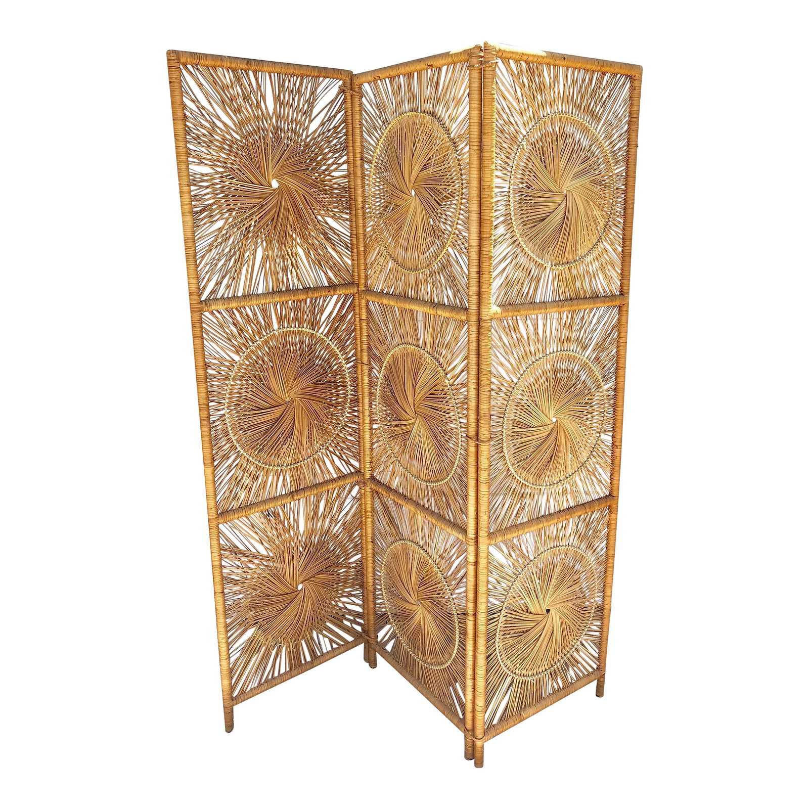 Vintage Mid-Century Woven Rattan Sunburst Room Divider- Three Panel (1 of 3)