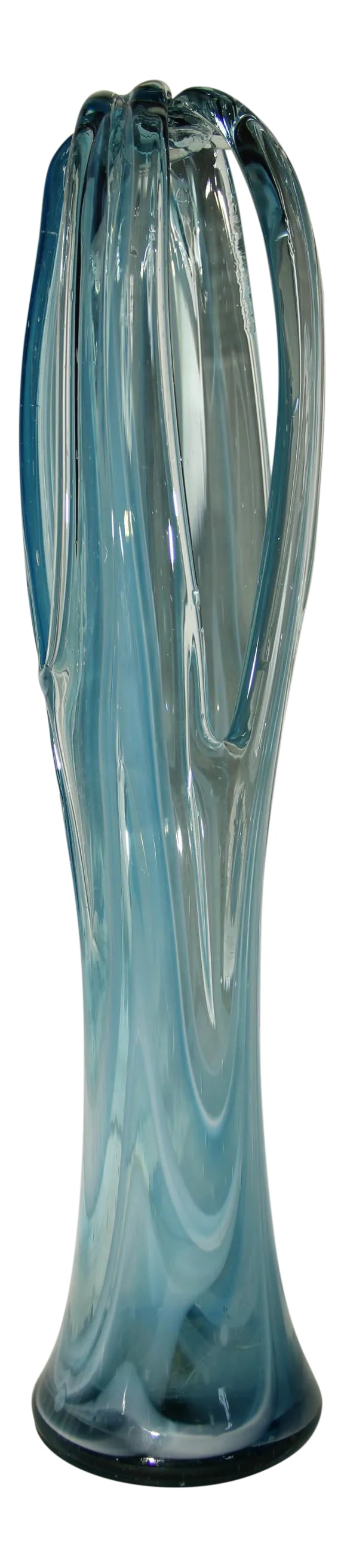 Murano Tall Blue Twist Art Glass Vase With Side Slots: Rare Mid Century Modern Art Glass Murano Vase This rare vase is stunning. The glass folds over at the top and the vase is accented with slots where flowers can be inserted. There is no traditional ope