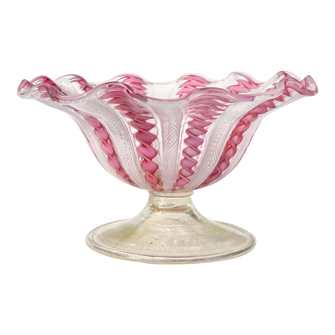Murano Vintage White Pink Copper Aventurine Ribbons Italian Art Glass Ruffled Rim Gold Leaf Foot Bow: Beautiful vintage Murano hand blown white and pink ribbons Italian art glass flower shape ruffle rim footed bowl. The bowl has white net Zanfirico ribbons, alternating with pink and copper aventurine 