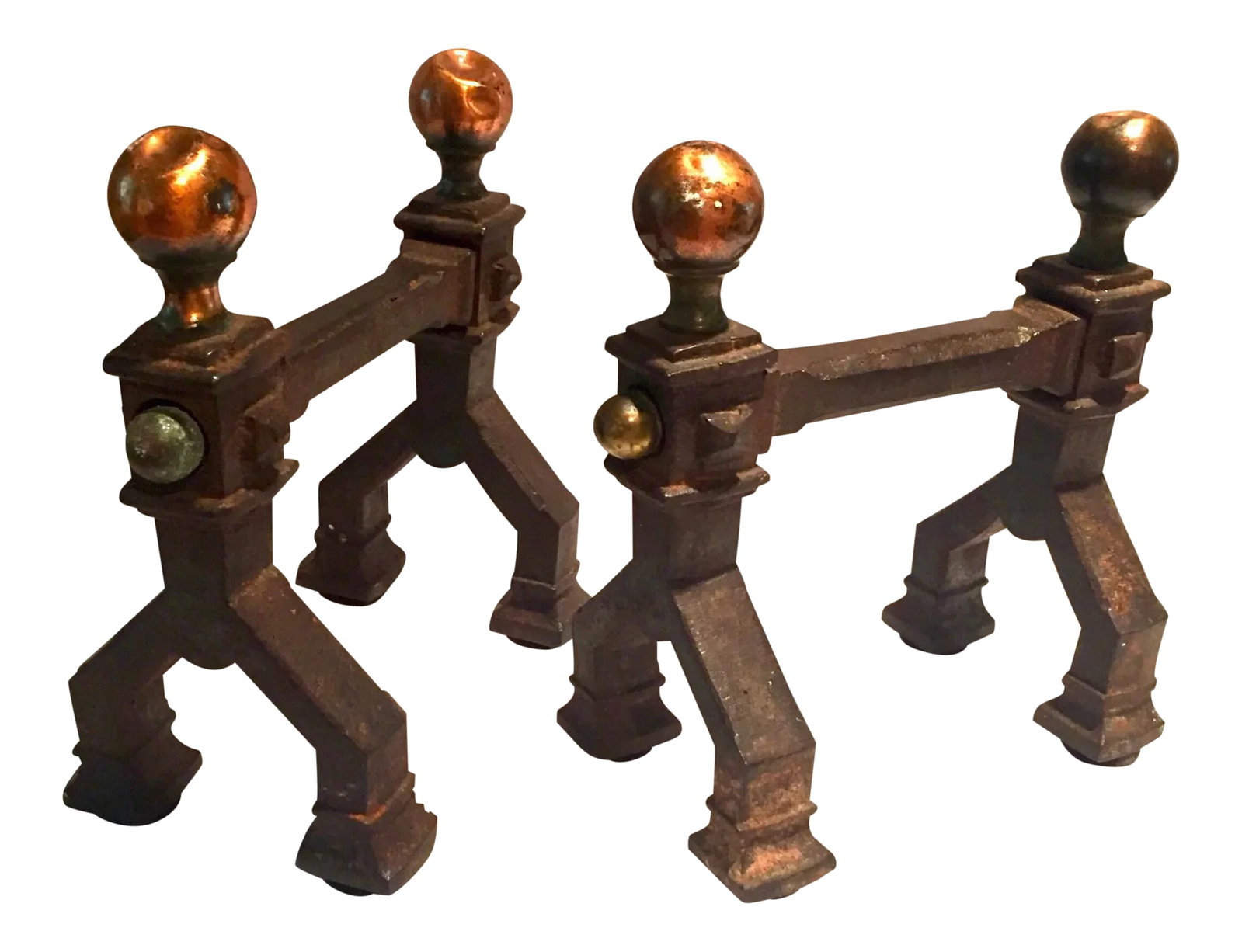 Gothic Art Deco Cast Iron Fireplace Tool Stands - a Pair: Pair or gothic art deco cast iron fireplace tool stands with copper / brass balls on top, circa 1910s-20s. Each stand measures 7.25" high, 7.25" long and 3.75" wide. In good vintage condition, with sl