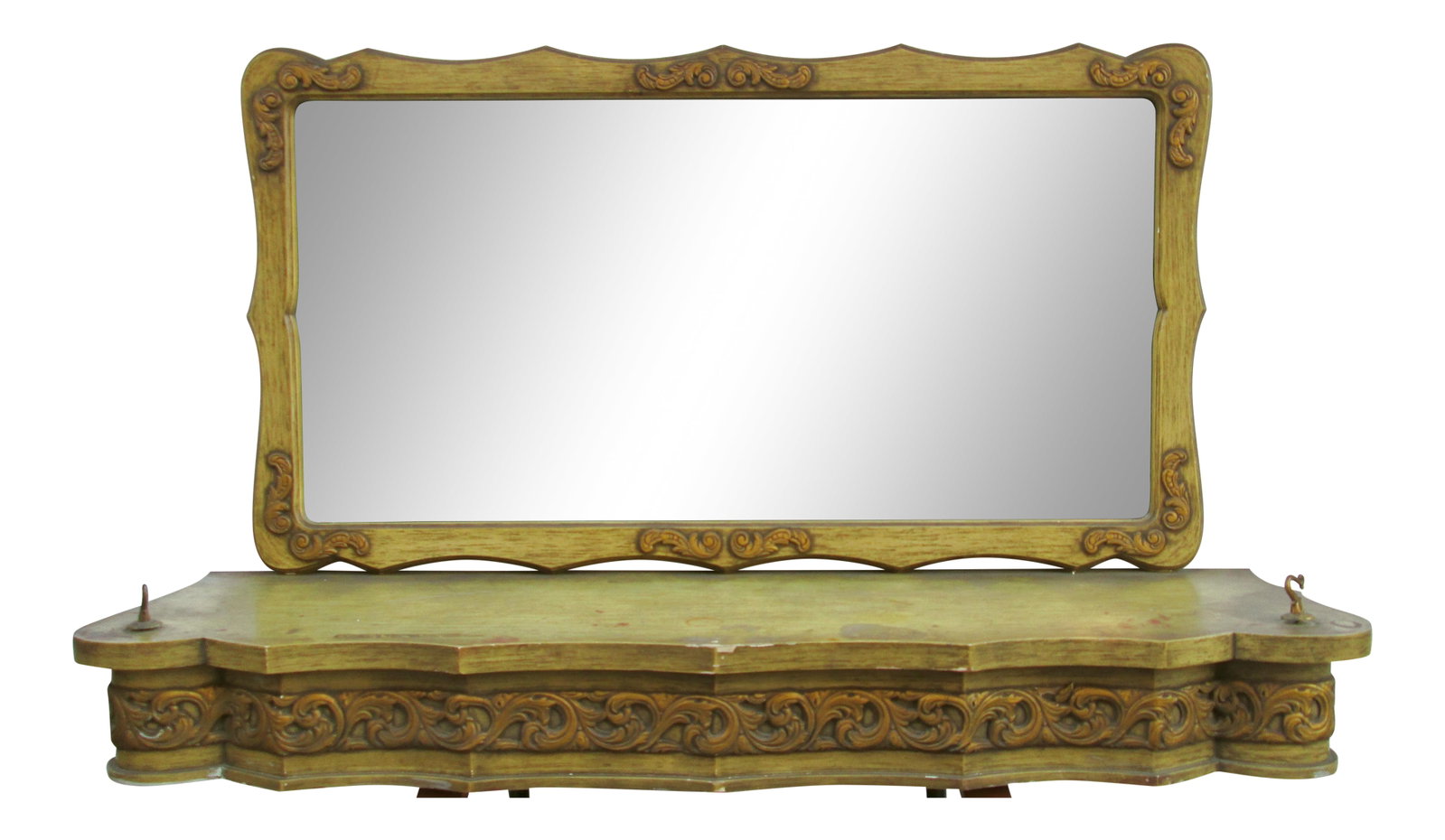 1960s Art Deco Style Cornice Dresser Top: This is a one-of-a-kind piece. The cornice consists of a base which is connected to a large mirror. The base was designed to rest on a flat surface and the mirror back should rest against a wall.