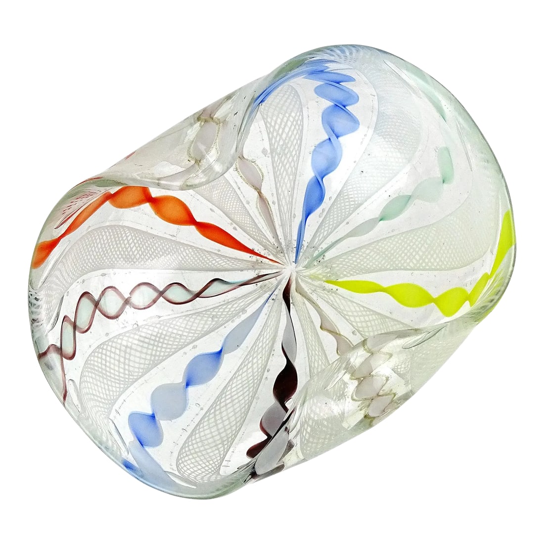 Vintage Murano Rainbow Colors Twisting Zanfirico Latticino Ribbons Italian Art Glass Decorative Bowl: Beautiful vintage Murano hand blown rainbow colors and white ribbons Italian art glass decorative bowl, dish. Created in the manner of the Fratelli Toso and Salviati companies. The bowl is made with t