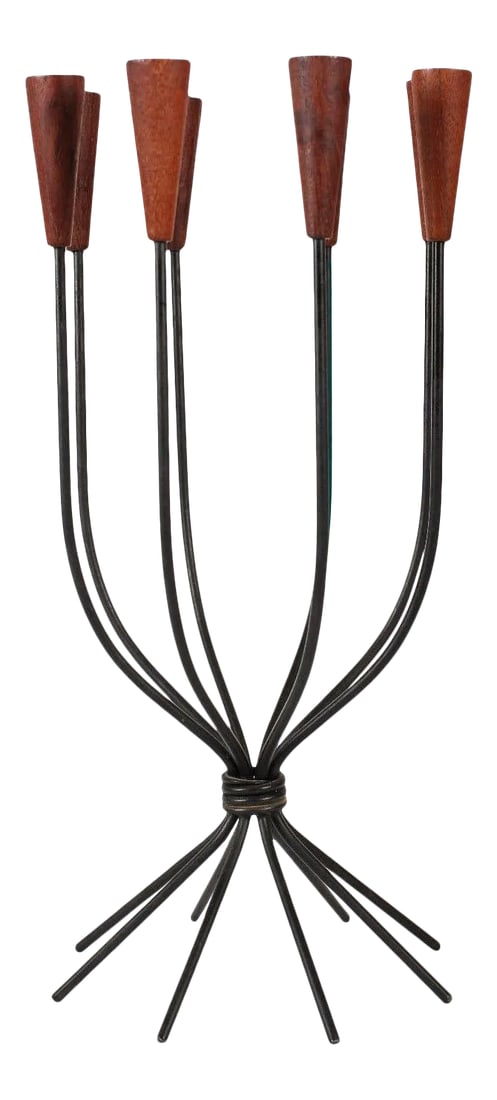 1960 Luthje Danish Modern 8-Arm Iron & Teak Candelabra Candle Holder: Tall sculptural 8-arm mid-century modern wrought iron and teak minimalist candelabra by Luthje of Denmark. The piece is absolute table jewelry! Very good vintage condition. Light wear to teak conical 