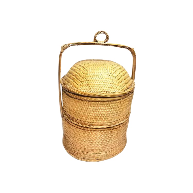 Vintage Woven Chinese Wedding Basket: Beautiful vintage Chinese wedding basket in wonderful condition with a handwoven herringbone weave, rounded top, and intricate handle. These were originally used to fill with food and give to the brid