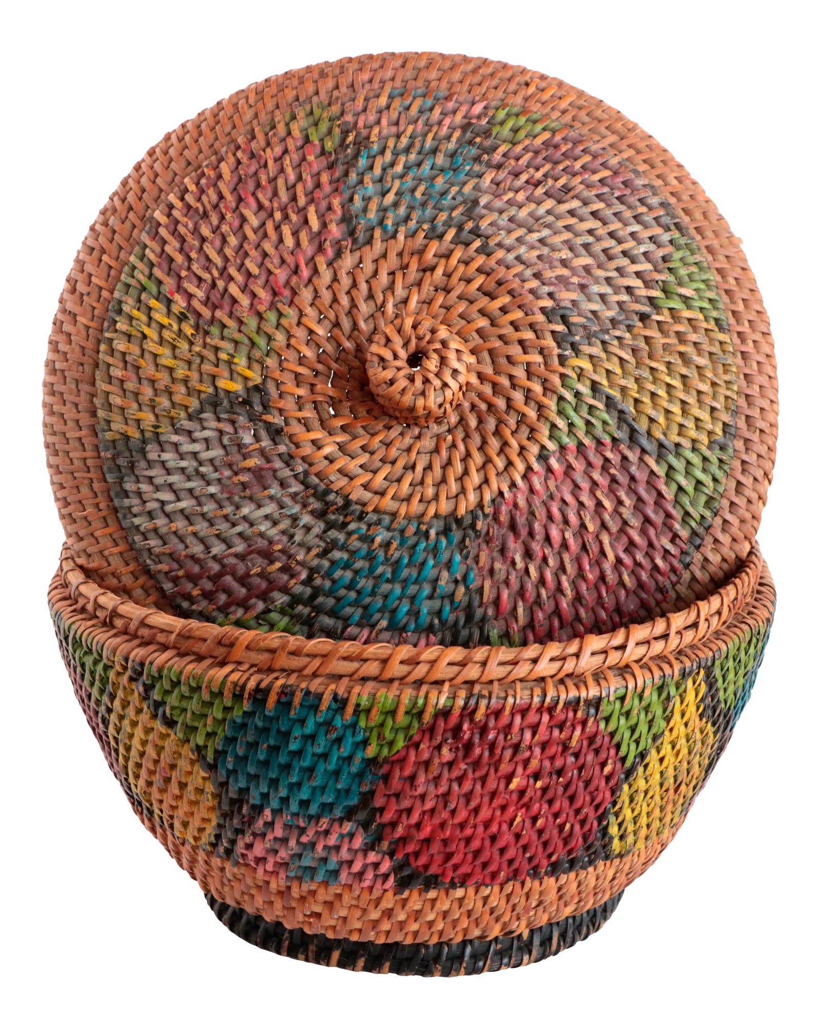 Antique Fruit-Painted Basket With Lid: Lidded rattan basket with colorful wraparound abstract painted fruit decoration. The lid's painted finish is considerably more worn and faded than the sides from age and use. It rests unevenly on its 