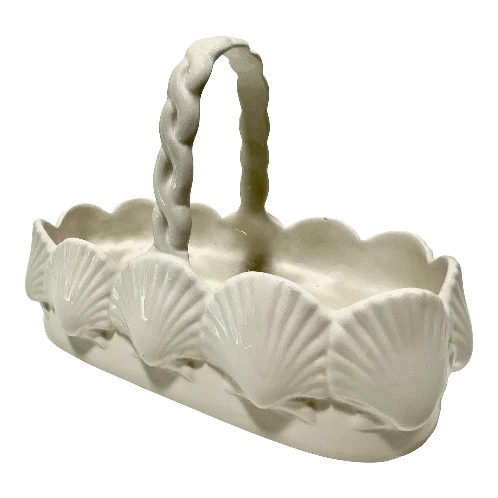 1970s Mottahedeh Porcelain Handled Basket Sea Shell Motif: Mottahedeh Porcelain Sea Shell Motif Basket with Handle Sculptural Sea Shells Encircle Delicate Basket Lovely Condition: Alterations: Original Condition Unaltered Imperfections: Some Imperfections Con