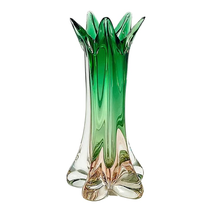 1960s Mid Century Murano Art Glass Vase: Mid century Italian Murano art glass vase. This is probably my favorite out of the 3 I just got. I love the emerald and this kiss of pink at the bottom. approx 6.5" dia x 12.5" Condition: Alterations: