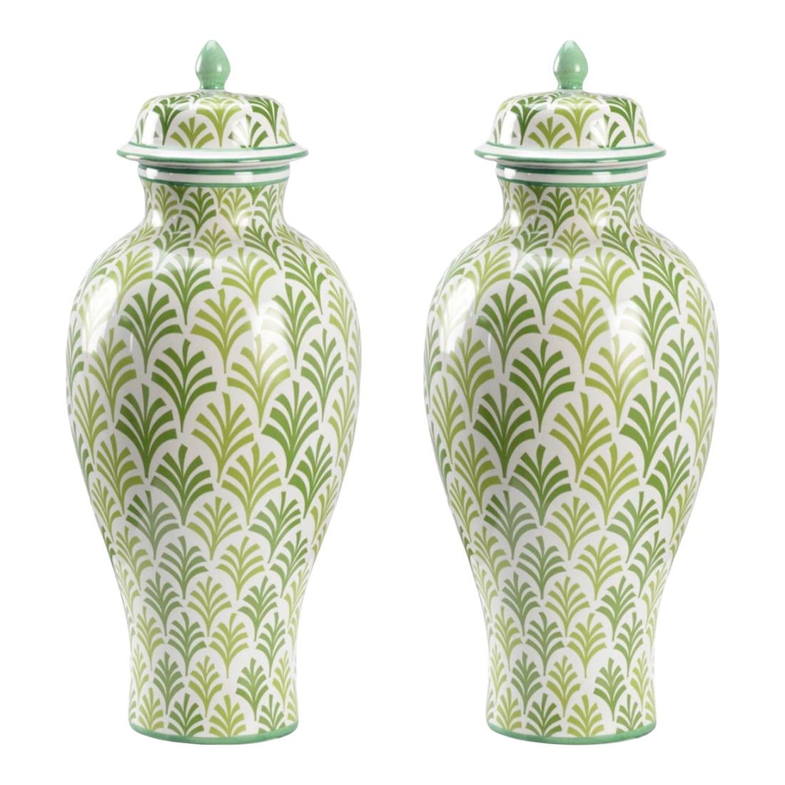 Pair of Ceramic Green & White "Matisse" Ginger Jars: Pretty ceramic Ginger jars with a modern hand painted "Matisse" pattern in a vibrant green. A fun twist on traditional! Each measures: 20h x 5w x 5d Sold as a pair Condition: Imperfections: No