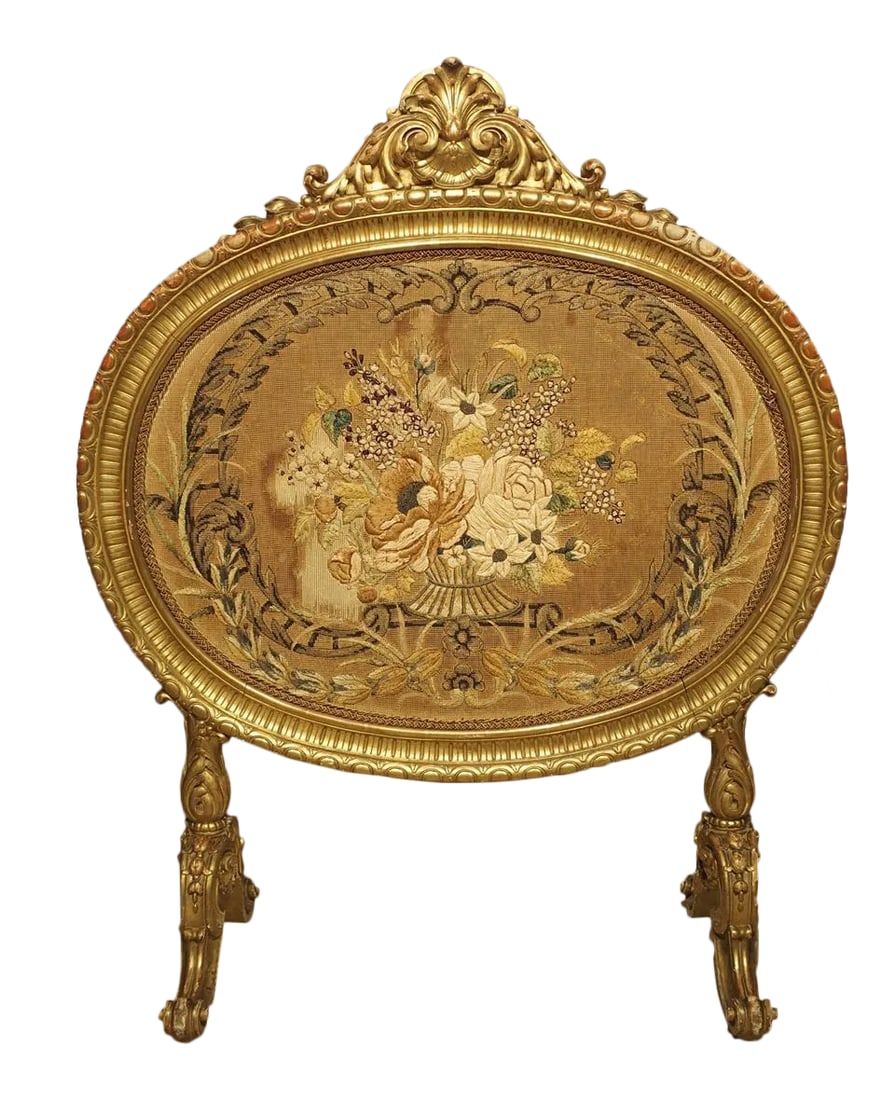 Antique Napoleon III Giltwood Firescreen From France: This antique French giltwood framed oval needlepoint firescreen was originally used to cover the opening of the fireplace during the warmer months when the fireplace was not in use. It dates from the 