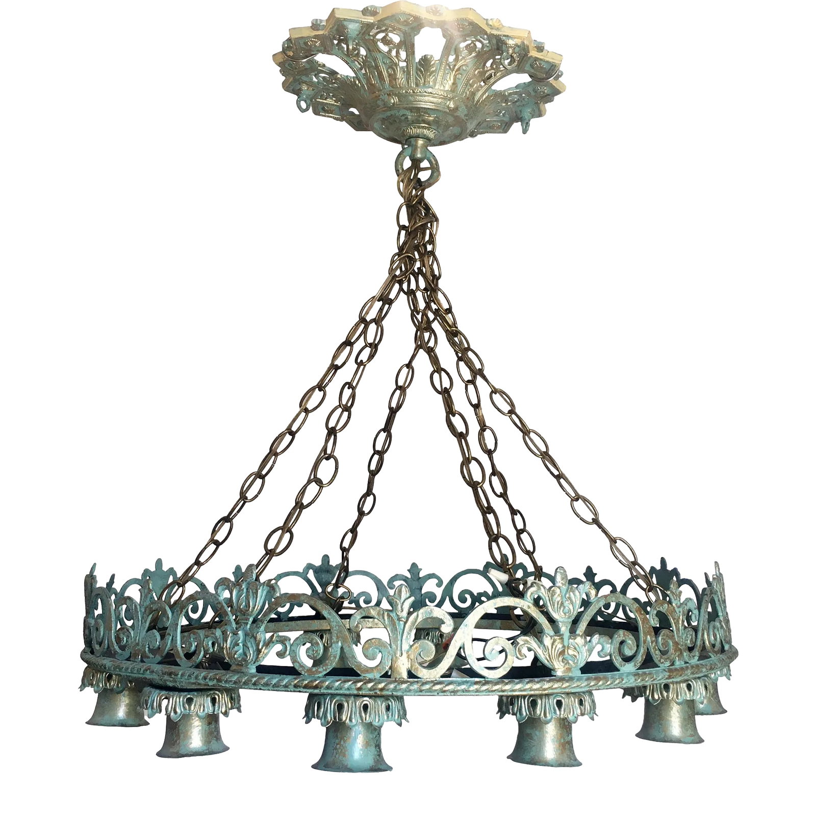 1920s Art Deco Verdigris + Gold Finish 12 Light Chandelier: The 1920s-era chandelier is a stunner with 12 lights and its ornate cast canopy with Art Deco detailing. The finish is a faux verdigris finish with gold highlights. The design would work well in many