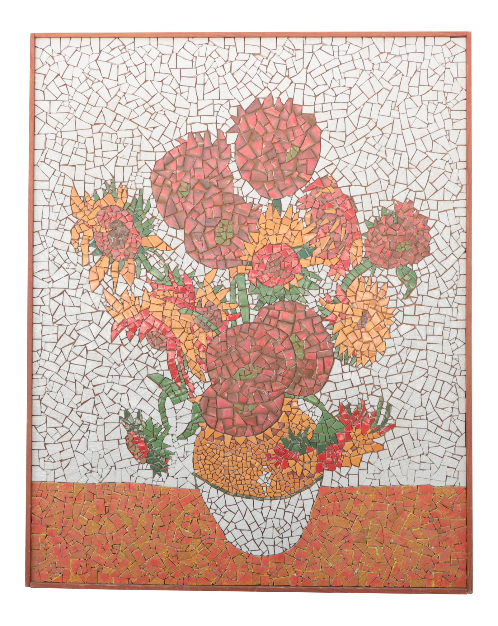 Mid Century Tile Mosaic After Van Gogh's Sunflowers: Mid century tile mosaic after Vincent Van Gogh's Sunflowers. The ceramic tiles have varied textures and finishes, and date to the 1960's. The work is framed in wood, and ready to display. It would als