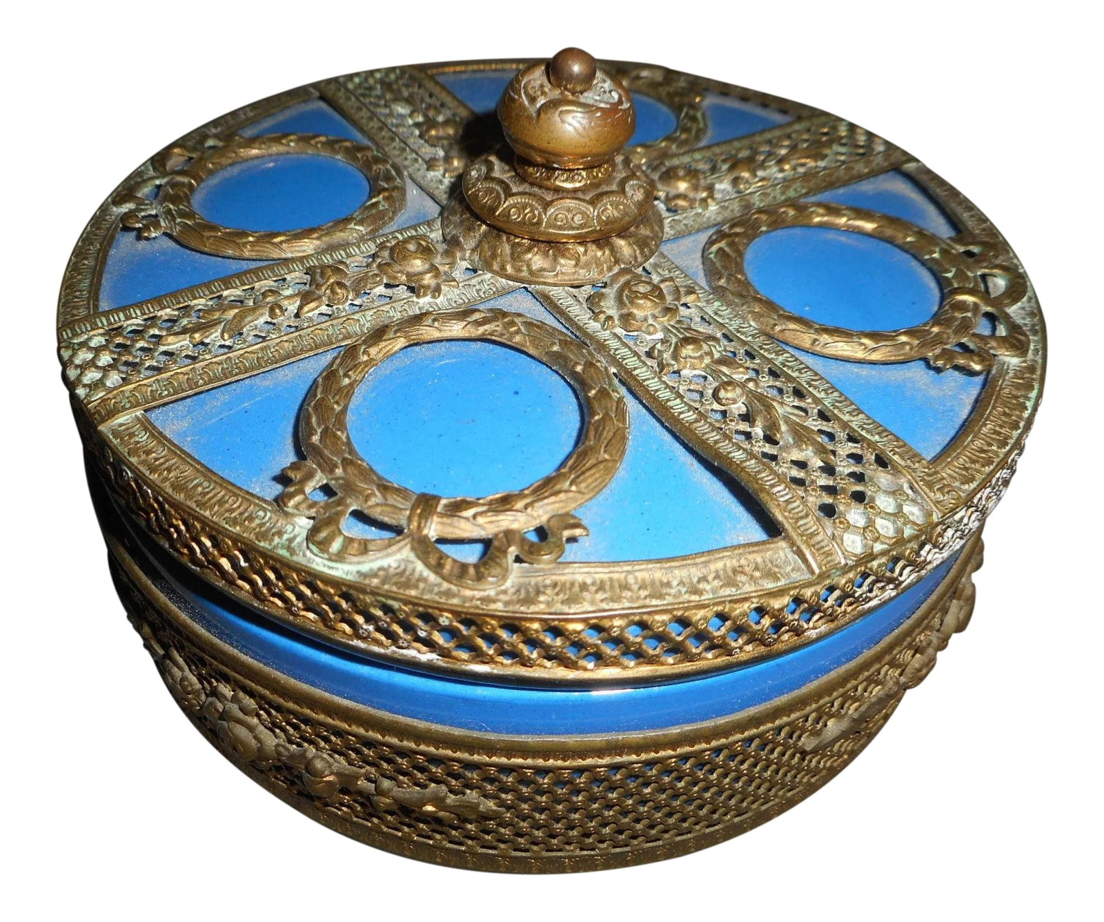 Azure Blue and Copper Overlay Box: A beautiful Czechoslovakian pottery box which is marked and numbered on the bottom. Covered in either copper or brass on the lid and around the box. Great for any room in your home. Condition: