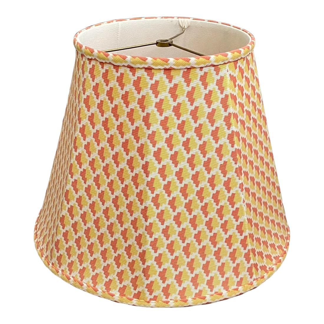 Contemporary Custom Red and Yellow Small Print Fabric Lamp Shade: Custom fabric lamp shade, lined, red and yellow small print. Bottom 15.5", top 9", height, 12" Condition: Alterations: Original Condition Unaltered Imperfections: Some Imperfections Condition Notes: