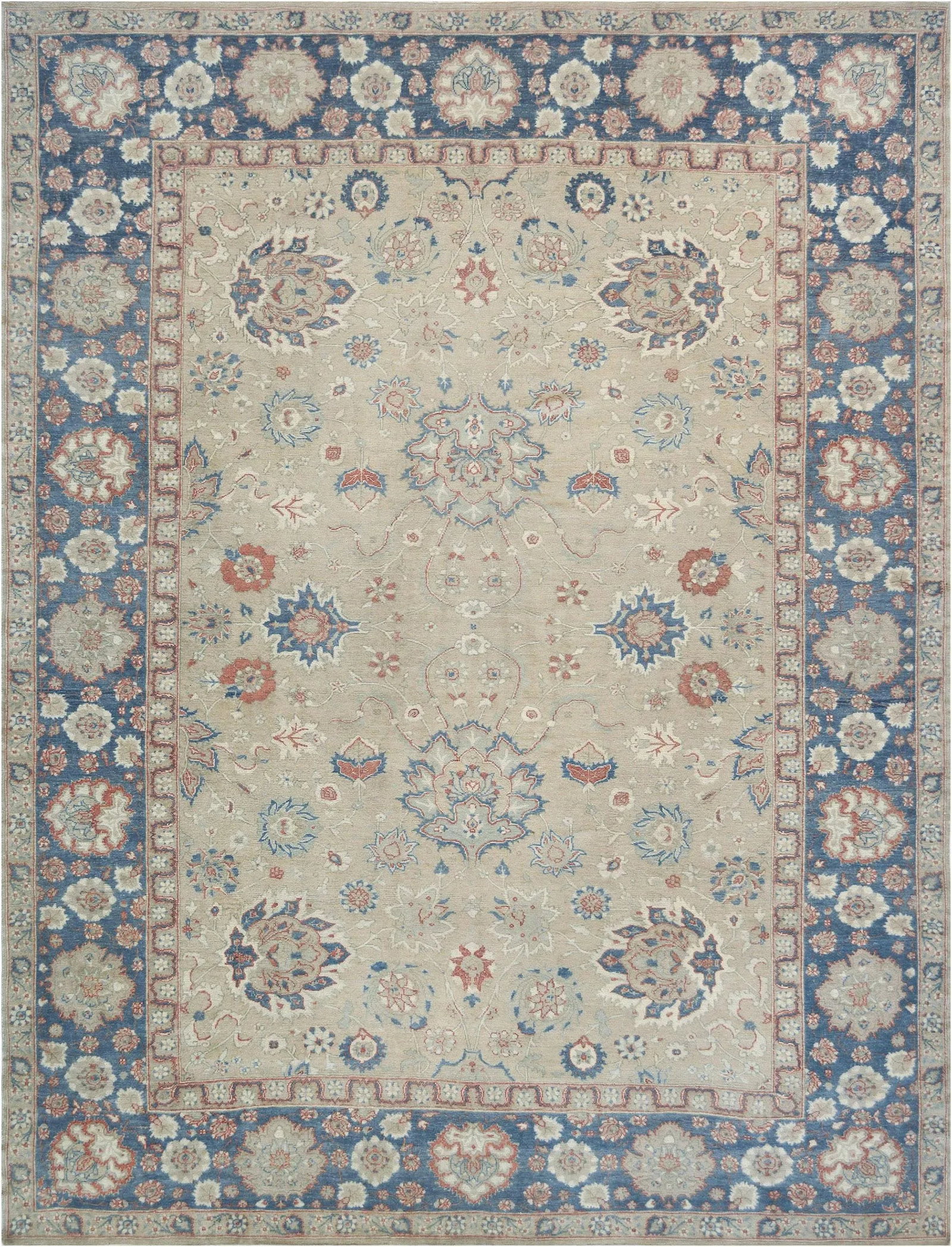 Mansour Genuine Handwoven Agra Rug: Superb quality Agra from Egypt featuring a masterful color combination and a beautiful design with large scale all over patterns. 100% fine natural wool pile. Condition: Alterations: Original
