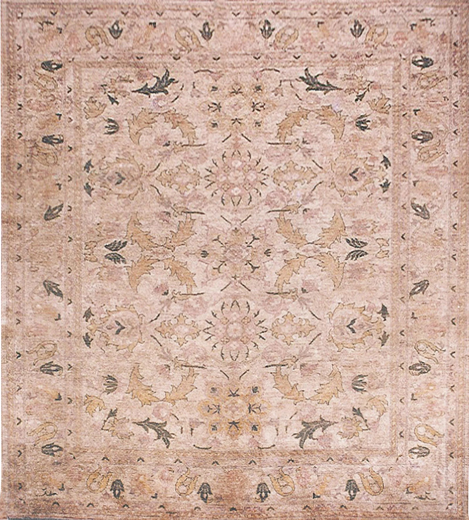 Mansour Handwoven Agra Rug - 8'1" X 9'8": This brand new Agra from Pakistan features Earth tone colors with some black accent touch. it is made of 100% fine wool and natural dyes. Condition: Alterations: Original Condition Unaltered