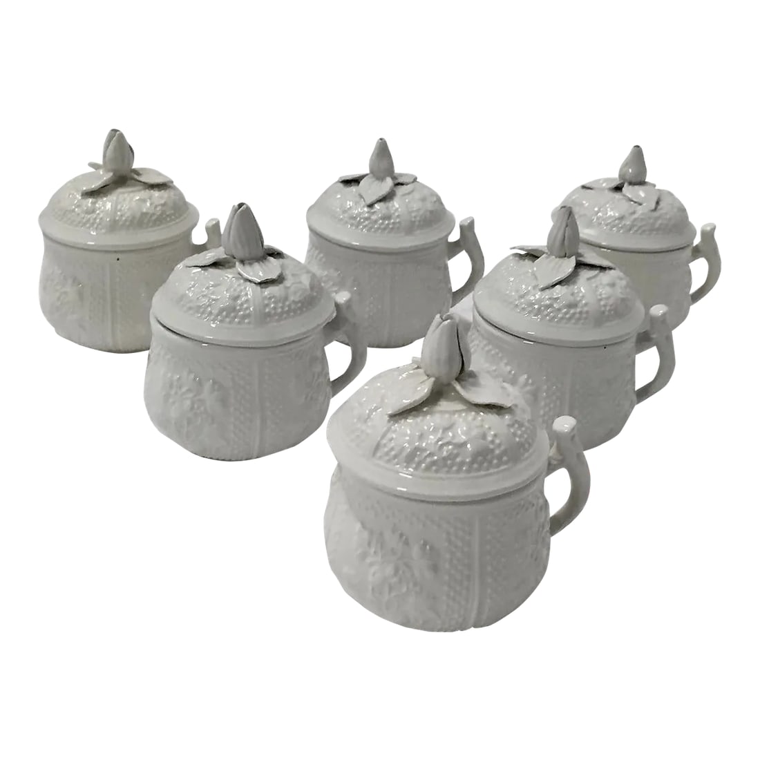 Vintage Floral Mottahedah Pot De Creme, Set of 6: Set of six vintage porcelain floral Mottahedah pot de creme with floral lids and vine handles. Marked "Museum Mottahedah Reproductions" on the underside of each. Condition: Alterations: Original Condi