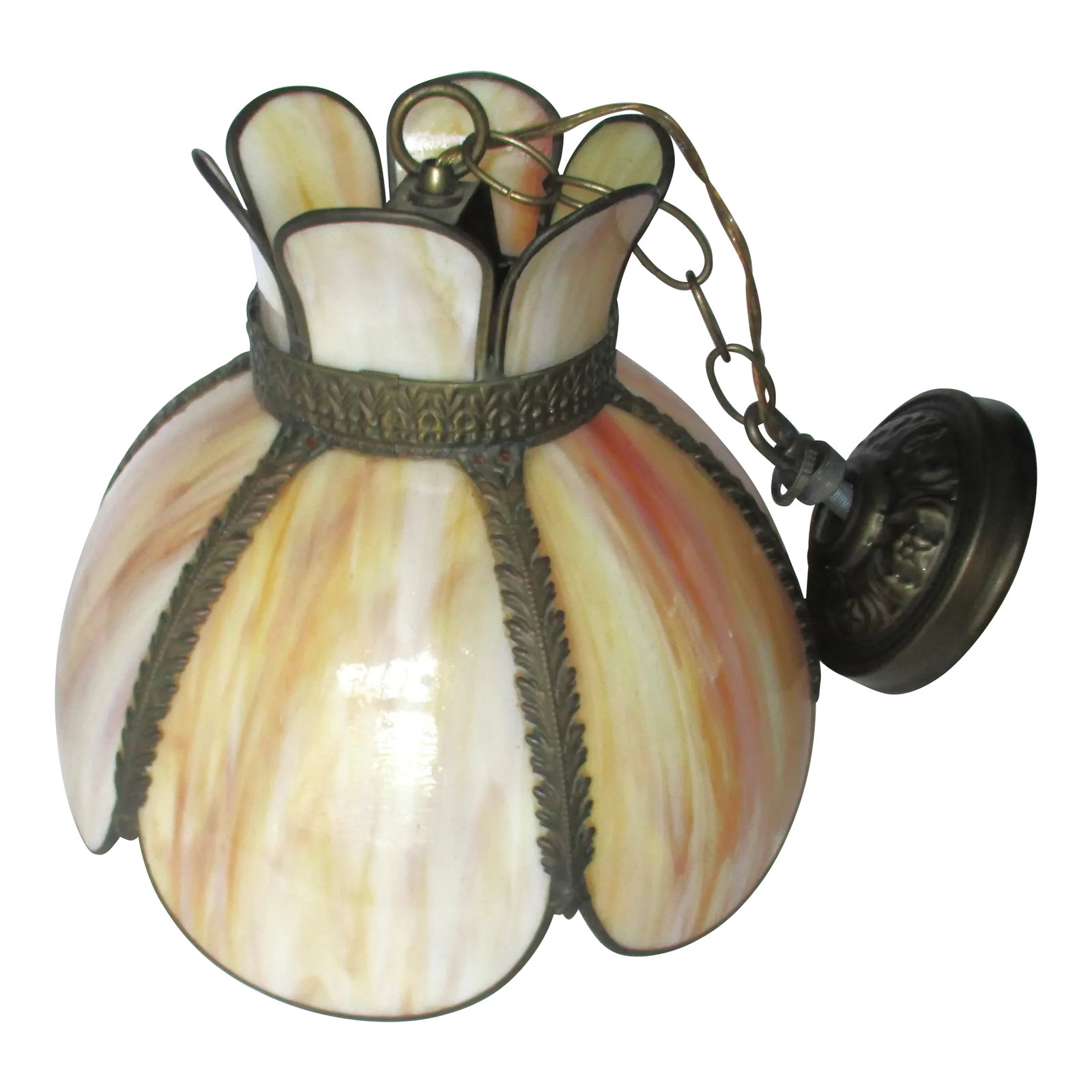 Vintage Carmel Slag Stained Glass 6 Panel Tulip Hanging Ceiling Lamp & Canopy: This is a Beautiful Tulip shaped Carmel Slag Glass Hanging Lamp that has 6 Caramel color panels with Bronze colored pressed metal / tin frame with beads and decorative embossed pattern though out the 