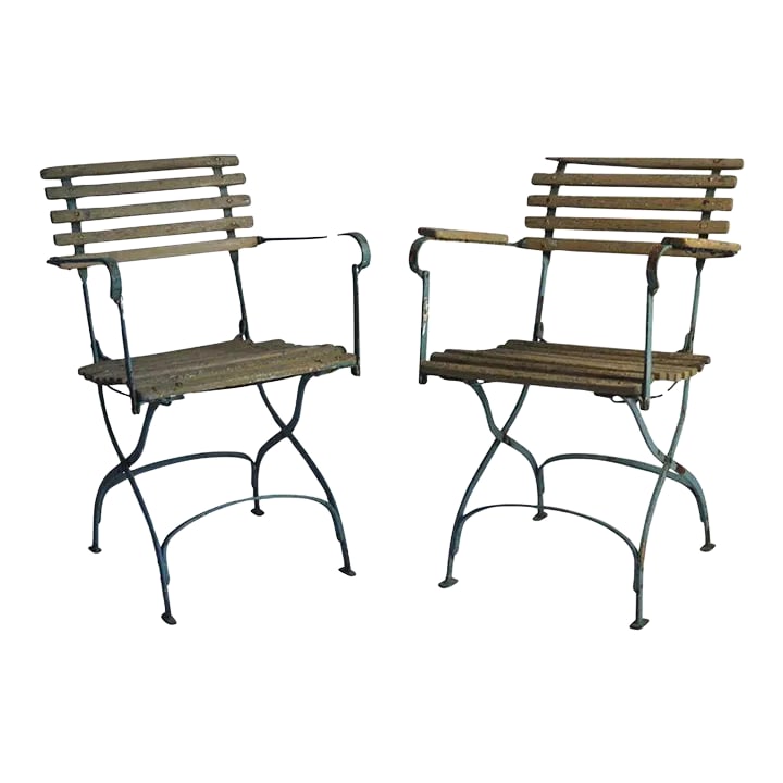 Classic Vintage French Bistro Chairs - a Pair: A rustic pair of French bistro chairs. Painted metal frames with original slatted wood. Very charming.Very distressed. Chairs can be folded up when not in use. Dimensions: 21" W 16" D 18" H Back heigh