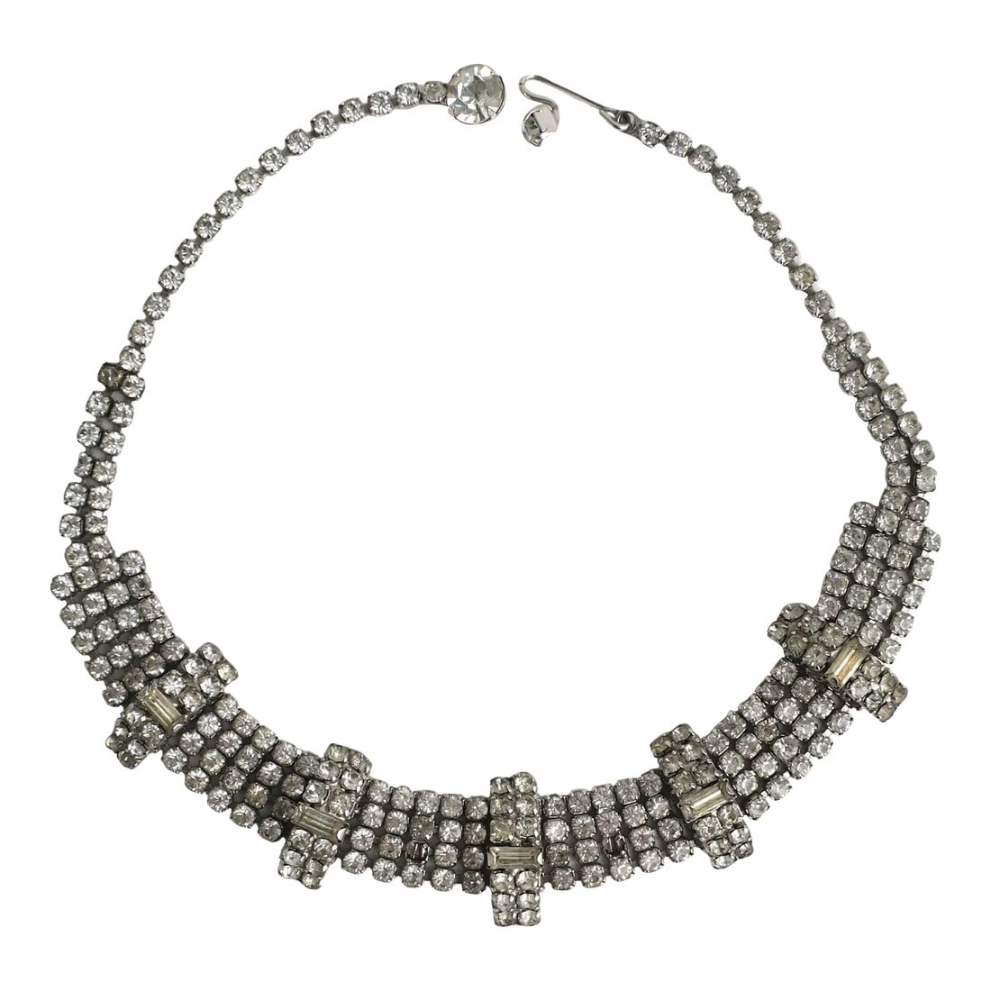 Vintage Rhinestone Choker Necklace: This is part of Chairish's Costume Jewelry assortment. A vintage rhinestone choker necklace with stunning design detail, circa mid-20th century. A beautiful sparkling choker necklace with adjustable c