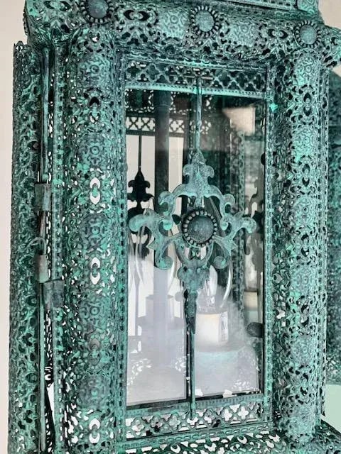 A Pair of Decorative Patina 3 Light Cluster Lanterns With Matching Chain and Canopy, - 10