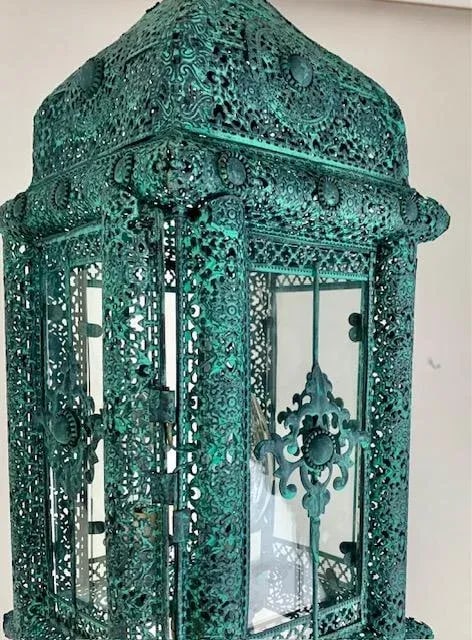 A Pair of Decorative Patina 3 Light Cluster Lanterns With Matching Chain and Canopy, - 11