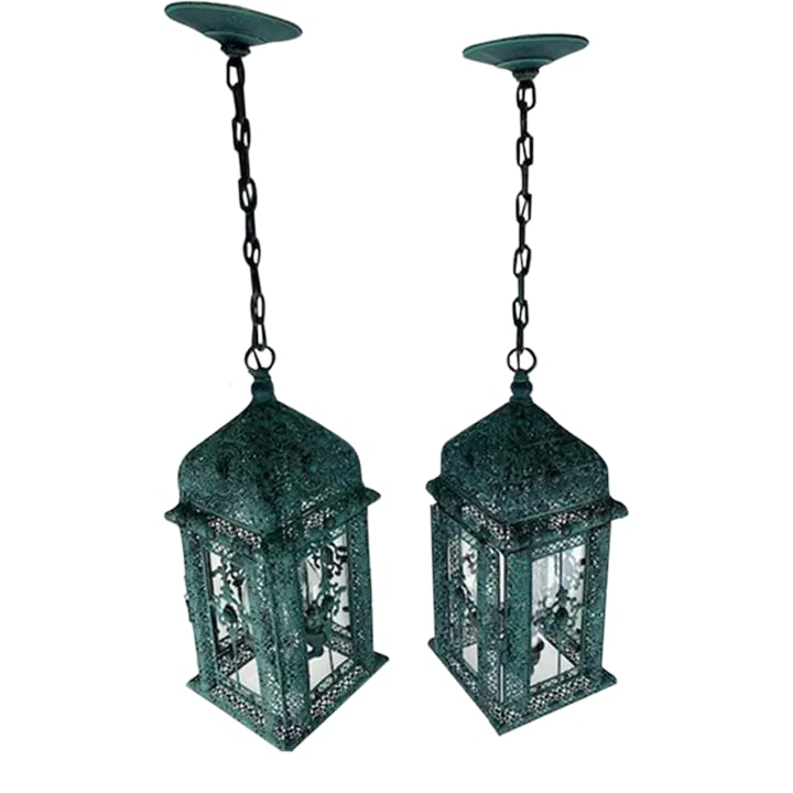A Pair of Decorative Patina 3 Light Cluster Lanterns With Matching Chain and Canopy, (1 of 12)