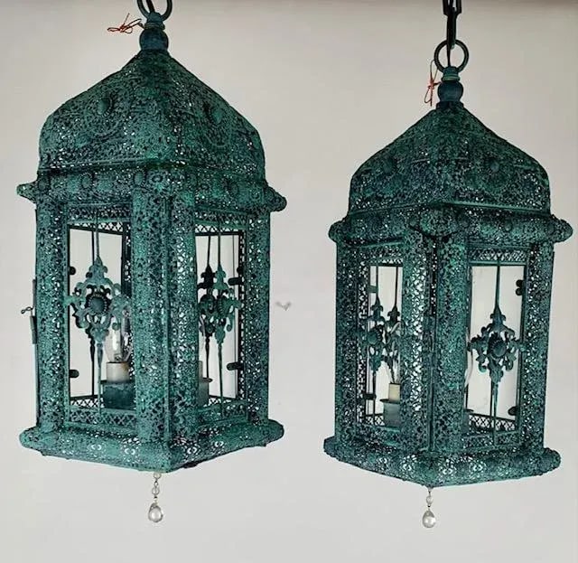 A Pair of Decorative Patina 3 Light Cluster Lanterns With Matching Chain and Canopy, - 2