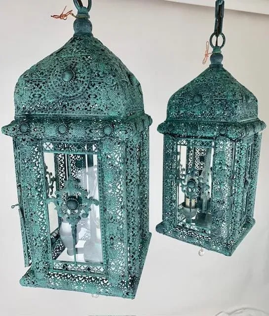 A Pair of Decorative Patina 3 Light Cluster Lanterns With Matching Chain and Canopy, - 3