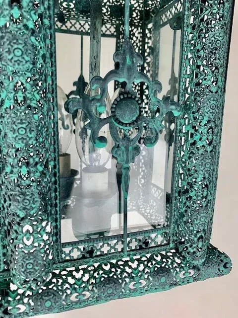 A Pair of Decorative Patina 3 Light Cluster Lanterns With Matching Chain and Canopy, - 6