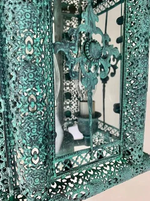A Pair of Decorative Patina 3 Light Cluster Lanterns With Matching Chain and Canopy, - 7