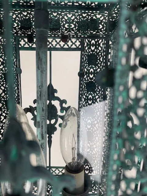 A Pair of Decorative Patina 3 Light Cluster Lanterns With Matching Chain and Canopy, - 9