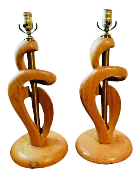 1950s Mid Century Modern Jascha Heifetz Abstract Sculptural Wooden Table Lamps: Exceptional and VERY rare Abstract Sculptural pair of the 1950's Modernist Heifetz Lamps. Outstanding, elegant design. Beautiful Heifetz trademark light wood body and rounded base Measurements The bas