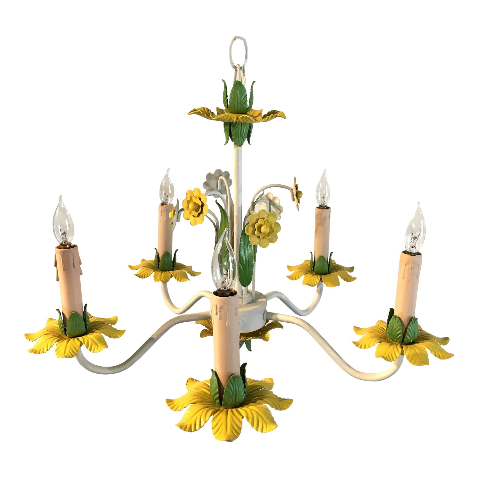 1960s Italian Tole 5 Light Chandelier in Canary Yellow + Grass Green: Charming and petite, this 1960s Italian tole chandelier is boldly colored in canary yellow and grass green with an antique white body and taupe candle sleeves. Dimensions are measured from end to end 