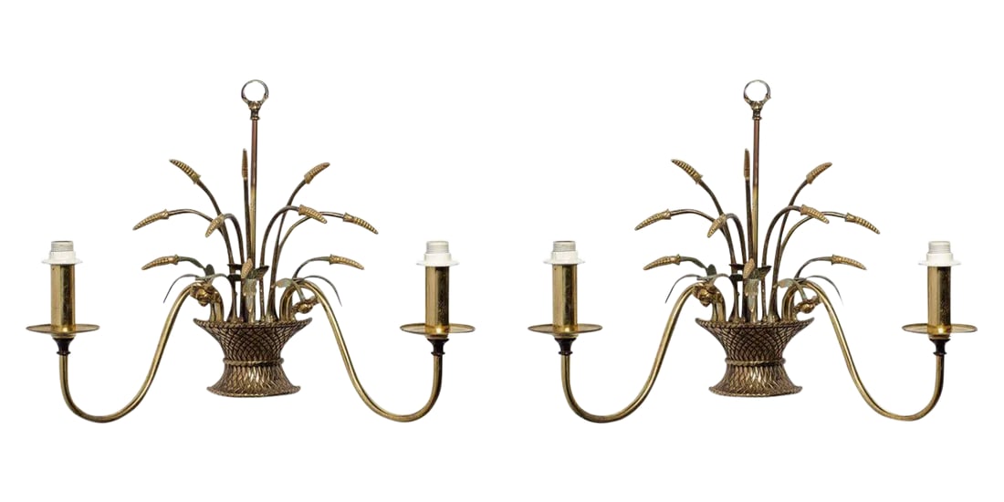 English Country Flower Basket Brass Two-Light Sconces: Lovely pair of vintage English Country style two-light sconces made at the turn of the century. Inspired by nature, this gilded brass light fixture features a classic wheat sheaf motif with flowers ne