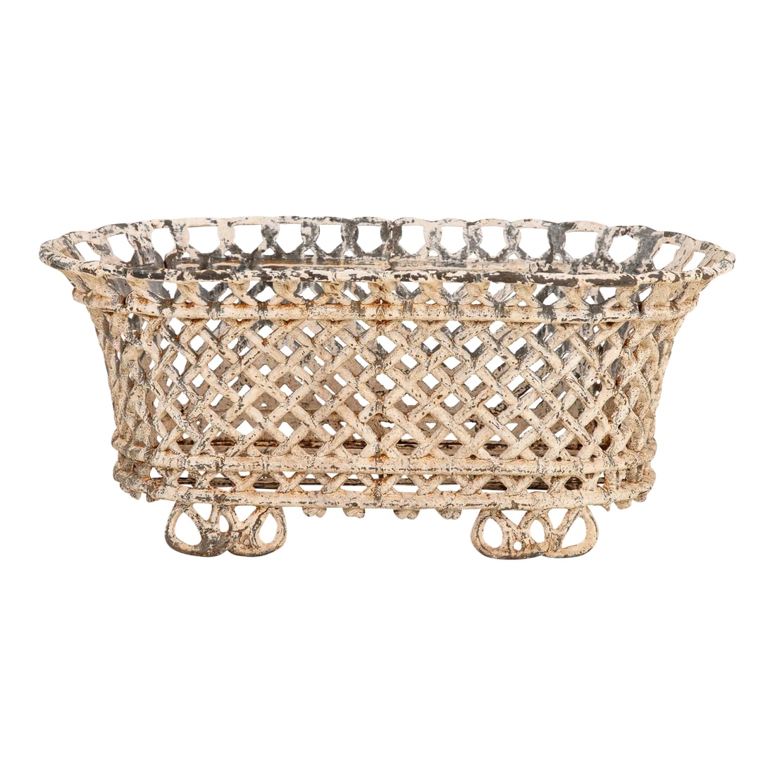 White Painted Cast Iron Latticework Basket, French Early 20th C.: This early 20th-century French treasure is a White Painted Cast Iron Lattice Work Basket, exuding timeless elegance and craftsmanship. Crafted with meticulous artistry, the delicate latticework