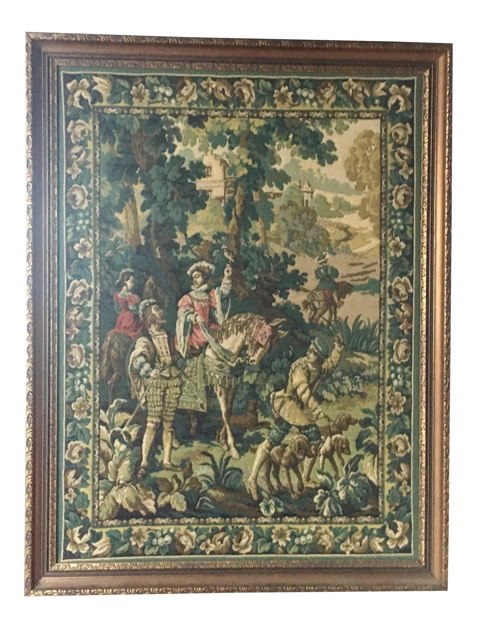 French Needlepoint Tapestry, Framed - 1 of 2: 19th Century Antique French Aubusson, hunt scene verdure tapestry in frame. Drawing inspiration from South Netherlandish (ca. 1500-1530) and Medieval Art, this hand-woven antique French Aubusson tapes