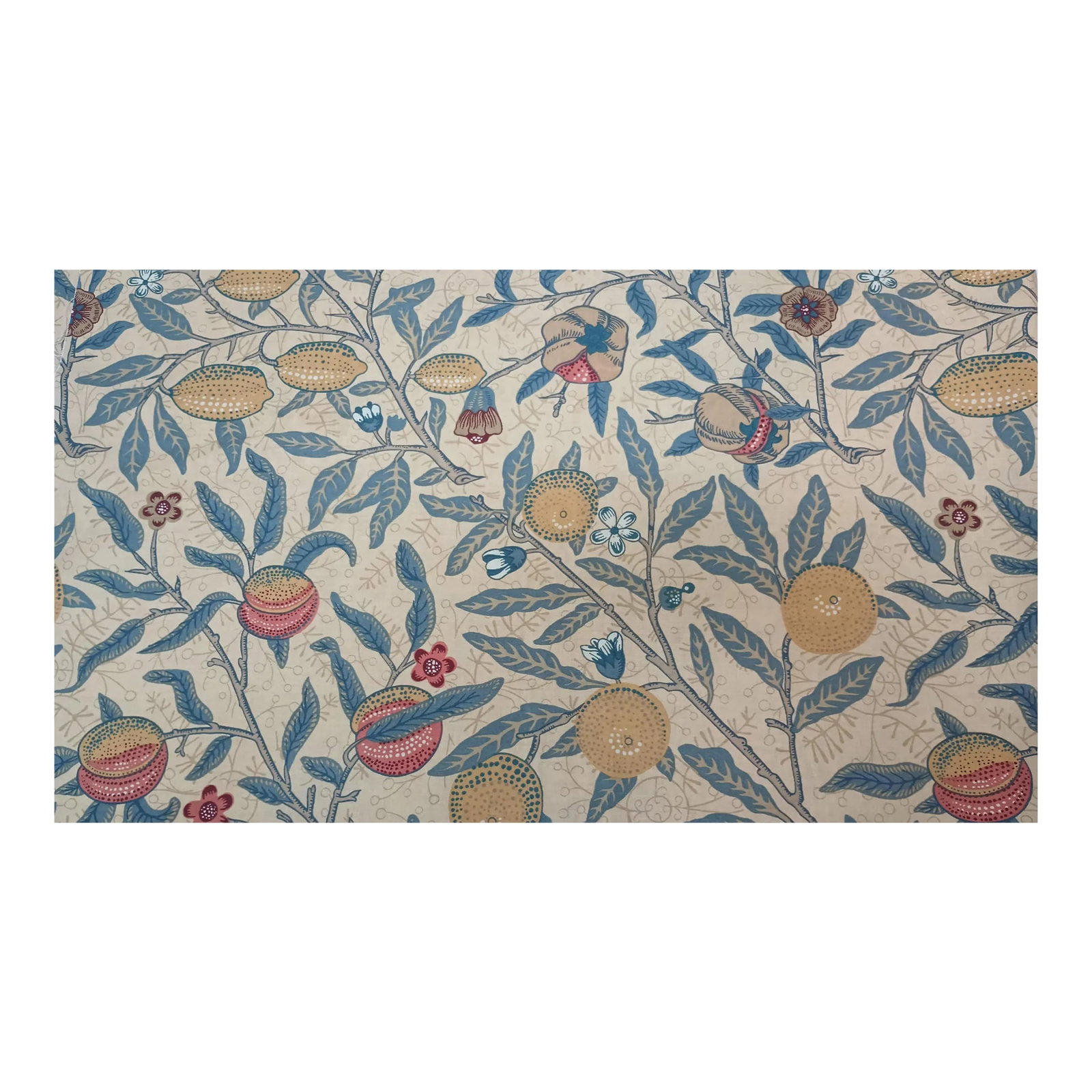 Morris and Co. "Fruit" Sanderson and Sons Vintage Cotton Fabric 3.75 Yard Piece: Iconic Morris and Co. "Fruit" pattern. Gold/Teal Cotton Vertical repeat 25" Horizontal repeat 27" 3.75 yard piece, 55" wide Condition: Alterations: Original Condition Unaltered Imperfections: Some Imp