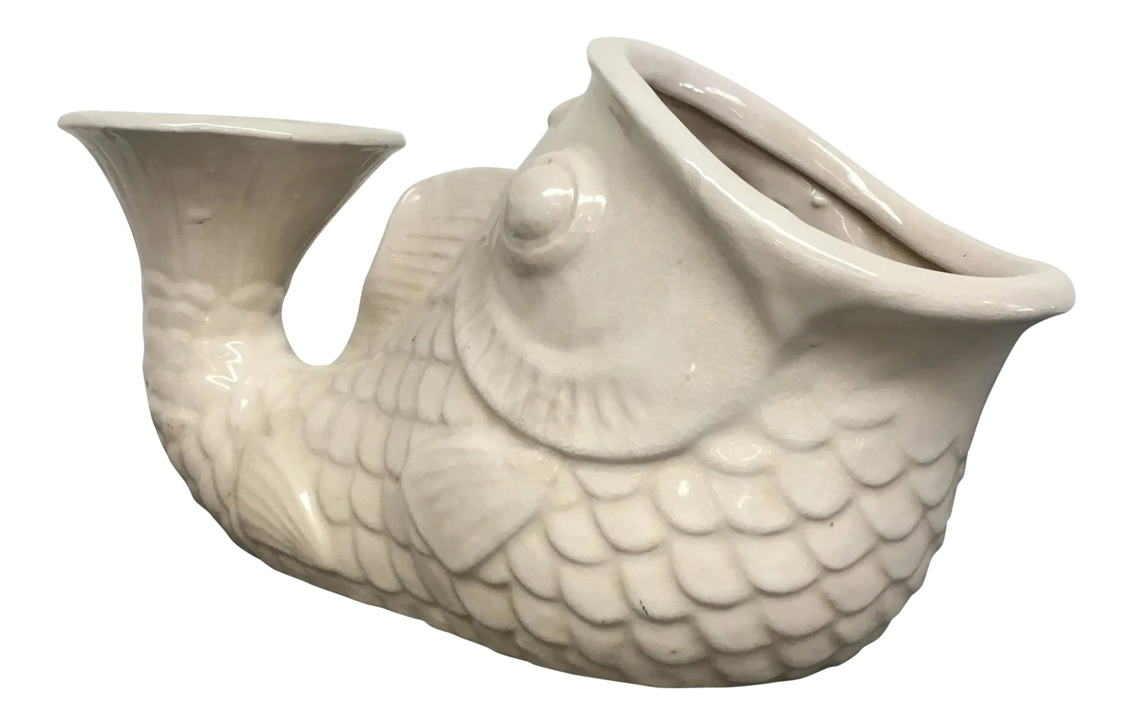 1950s Vintage Koi Fish Planter: Hollywood Regency vintage koi planter. Very cool piece with crackled glaze. One tiny chip in the glaze shown in last picture. Condition: Alterations: Original Condition Unaltered Imperfections: Some I