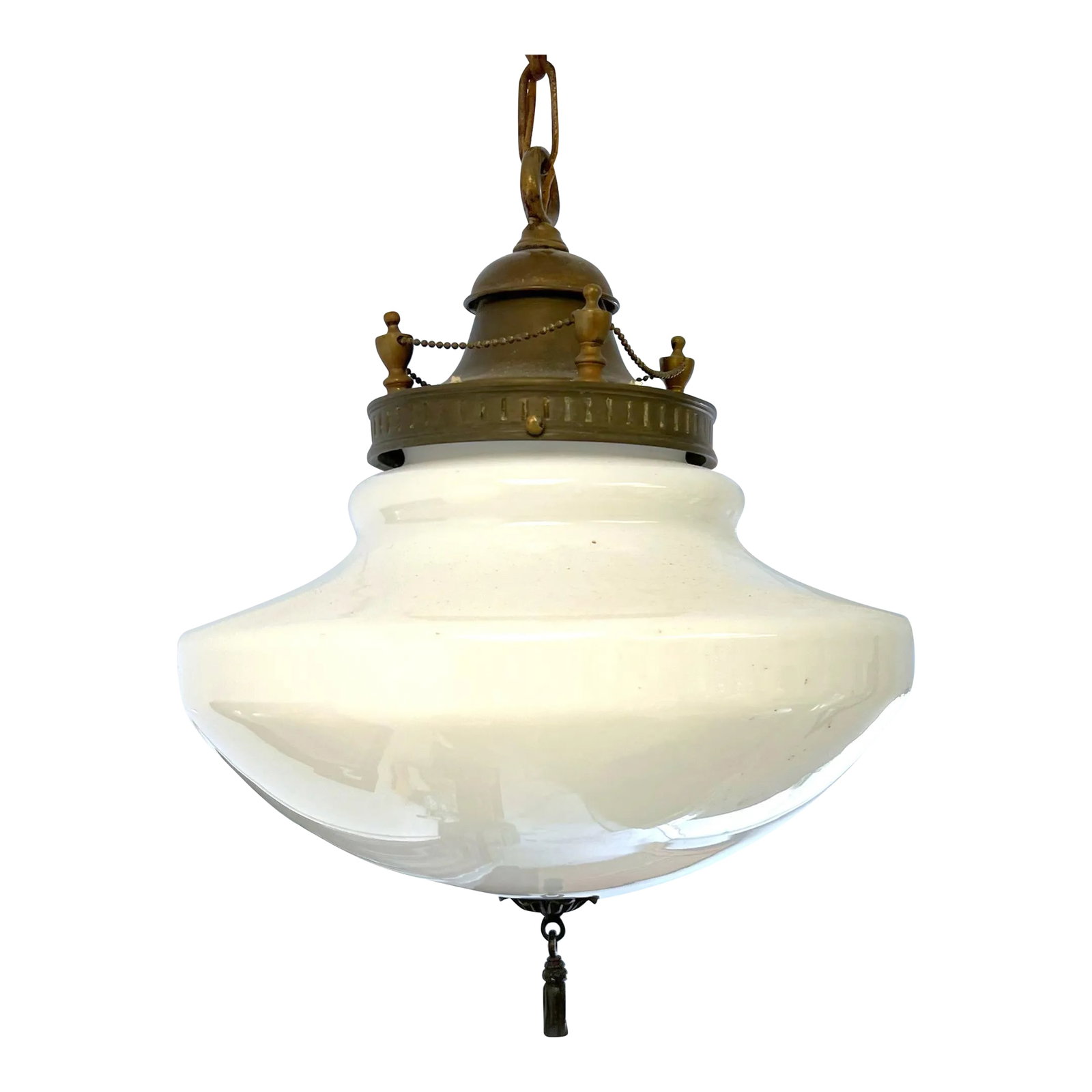 Early 20th Century Art Nouveau Opaline Pendant Light With Tassel.: Art Nouveau Opaline Pendant Light with Tassel This is an all original art nouveau light. The glass has a satin finish and is attractively shaped. Fitted with a tall brass gallery which has ribbon