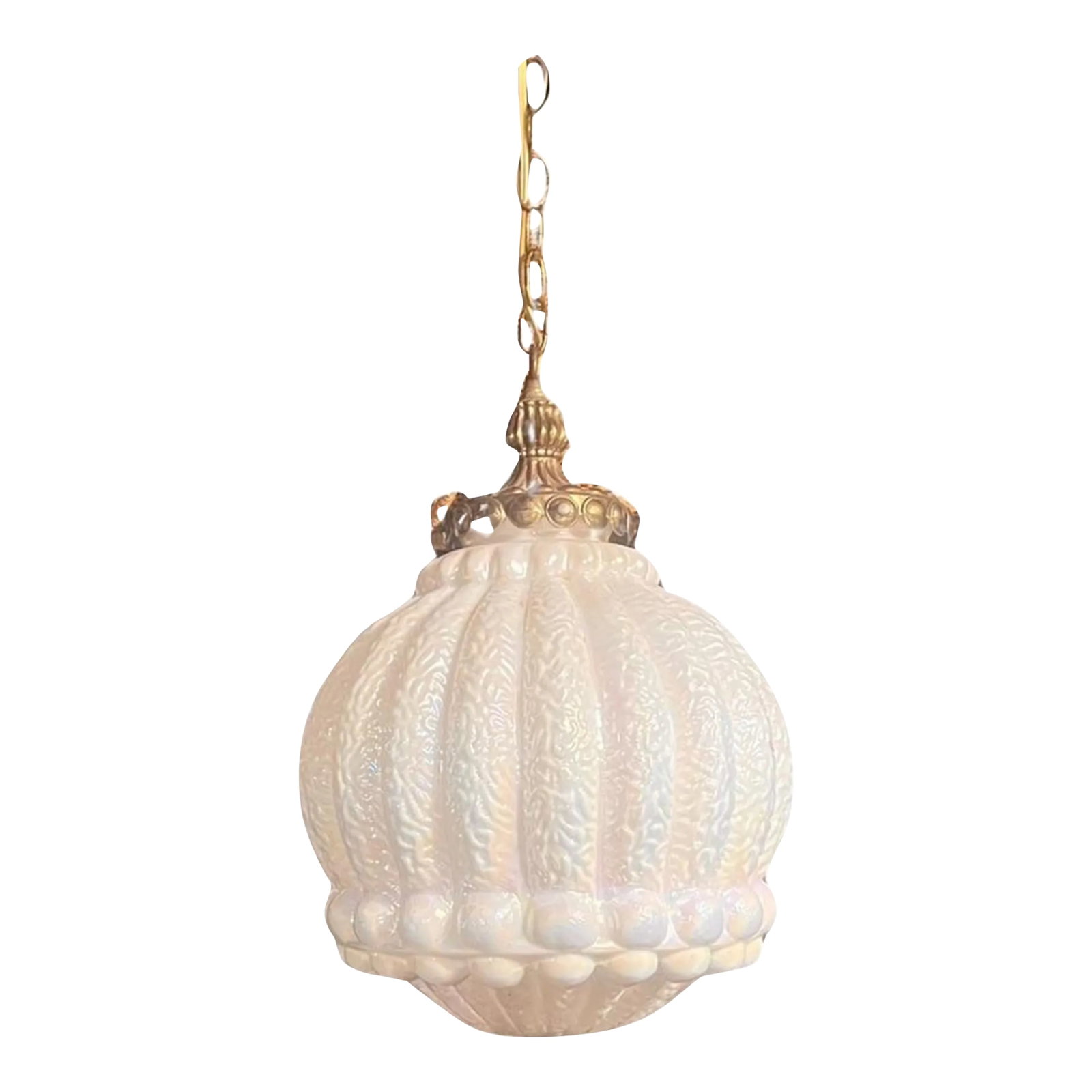 Vintage Hollywood Regency Style Iridescent Hanging Swag Lamp: This gorgeously elegant hanging swag lamp is a sure fire stunner! Manufactured around the mid-century, it's Hollywood Regency style design stays true to form, as it immediately conjures up images of l
