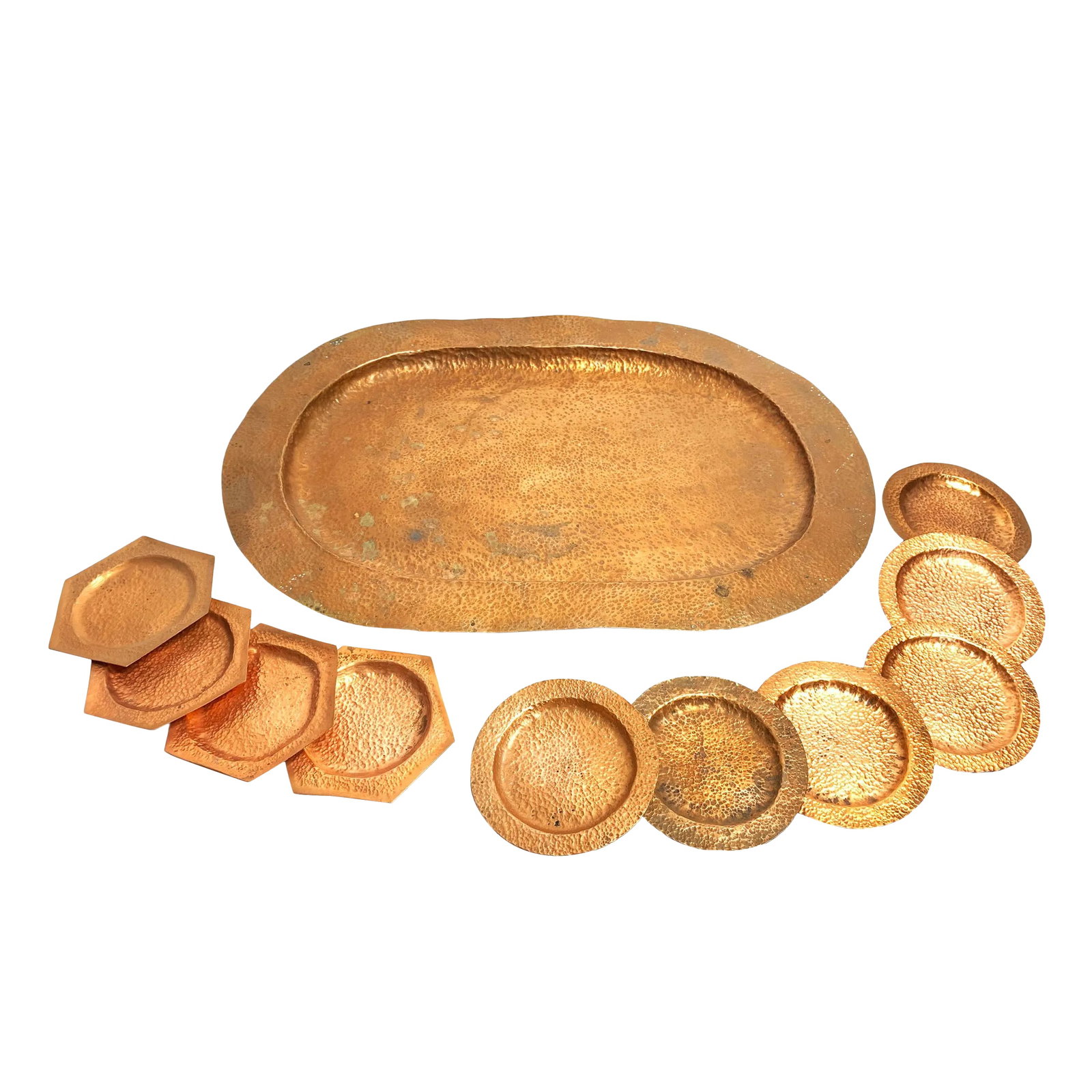 Vintage Hand Made Tray and Coaster Arts and Crafts Hammered Solid Copper Serving Set - Set of 12 (1 of 4)