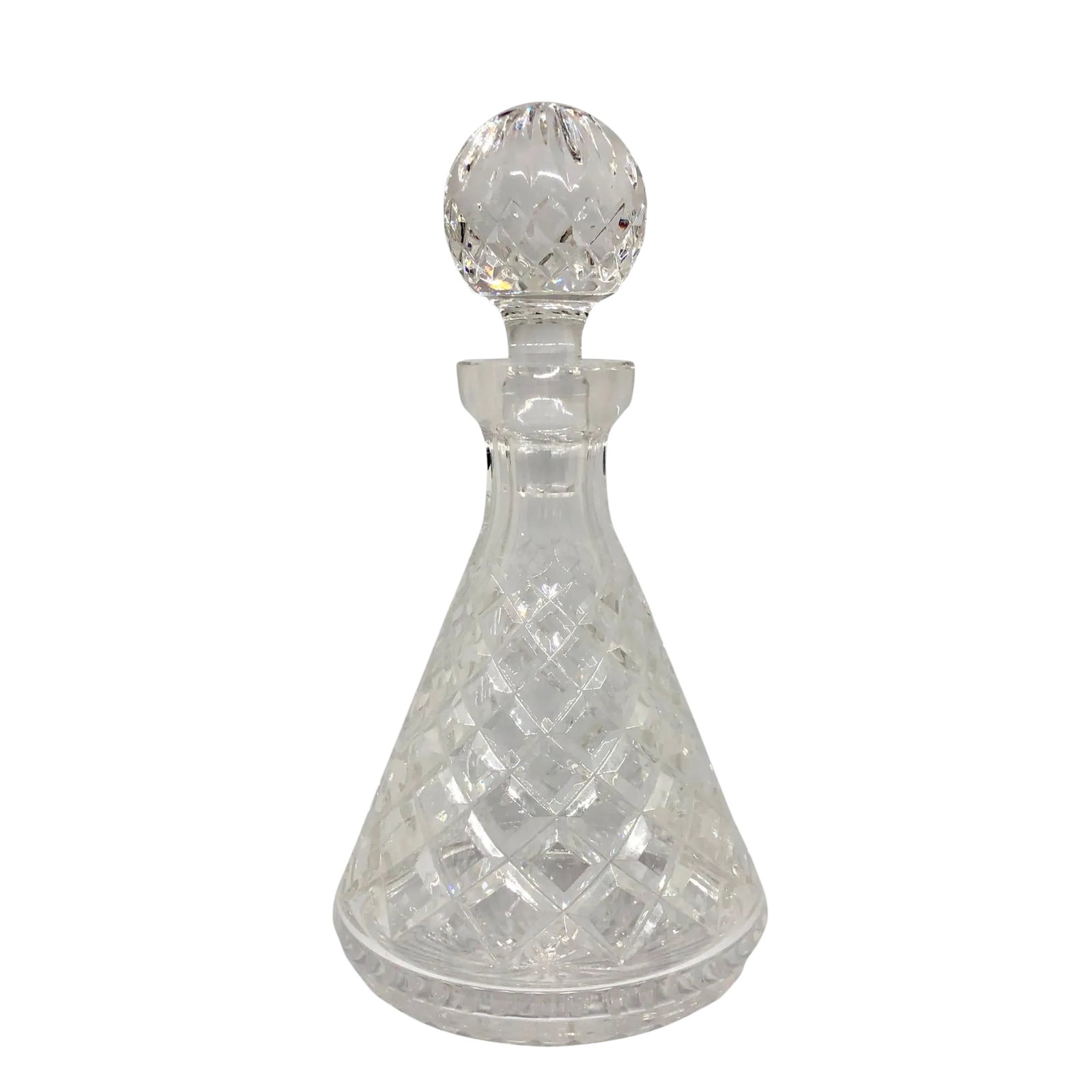 1950s Blown & Cut Crystal Liquor Decanter: A fine vintage cut crystal "ship's" decanter. It is blown and cut and is probably English or Irish. Condition is excellent. Circa: 1950s - 60s. Dimensions: Height: 10", Base Diameter: 5". Condition: A