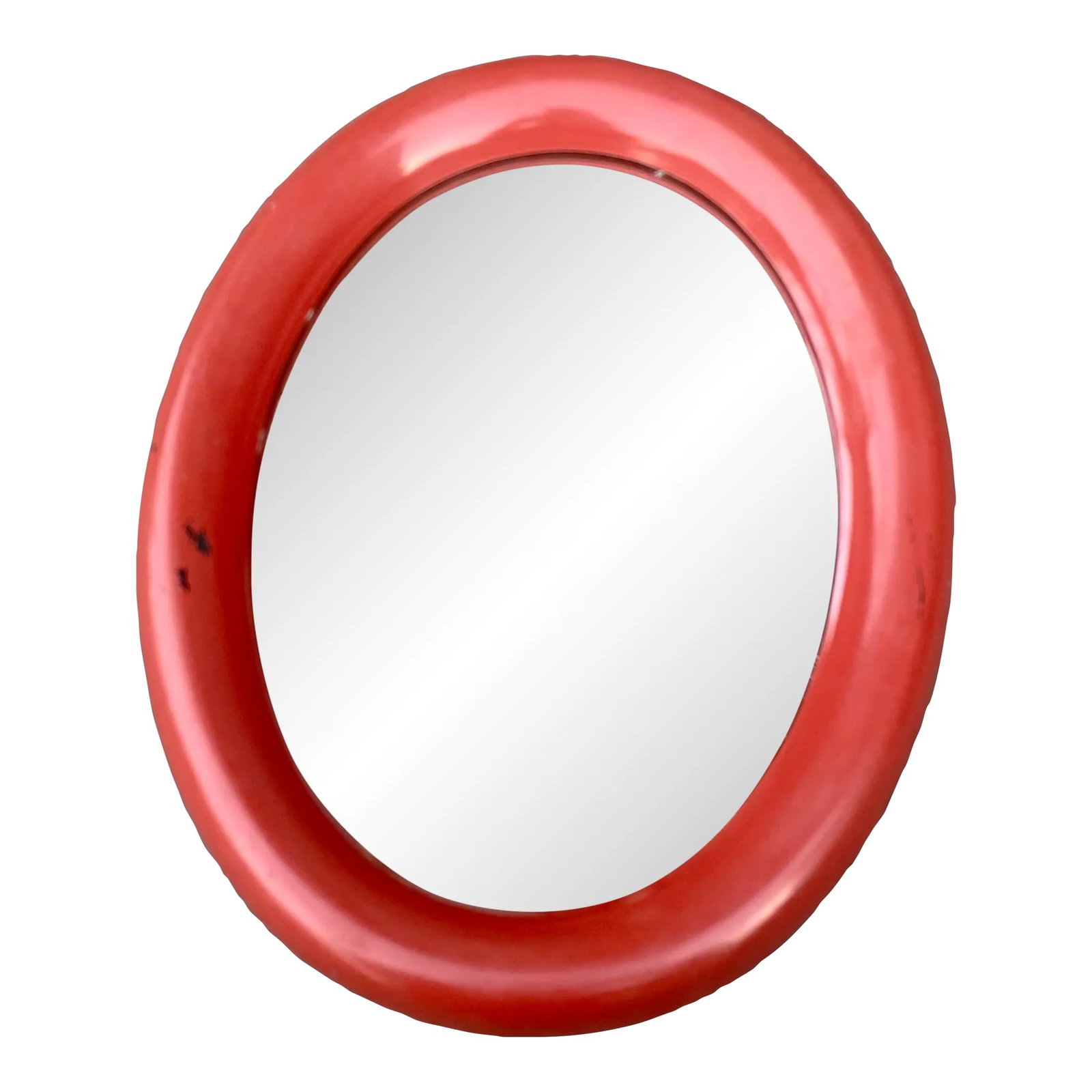 1960s Vintage Knobler Japan Space Age Mid-Century Modern Red Oval Mirror: Vintage space age cast resin frame , yellow oval wall hanging mirror. Made by Knobler Japan . There is a gold colored metal chain as well as a hole for hanging this mirror on a screw or small post. Ra