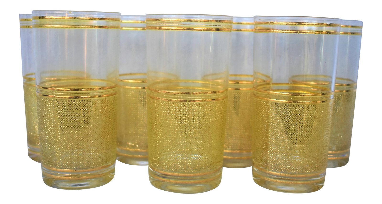 1950s Culver Basketweave Glasses - Set of 7: Vintage set of 7 Tom Collins Culver glasses in the "Gold Basketweave Pattern". Each glass is heavily embossed in 22 karat gold in what looks like gold mesh or burlap. These are pre-owned items so plea