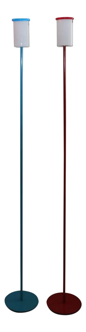 Vintage Red and Blue Murano Hand-Blown Glass Floor Lamps - a Pair: Murano rare floor lamps with hand blown white glass diffusers and applied "morisa" transparent glass stripe in red and aquamarine. / Lacquered metal stems and bases in red and blue. The "Morisetta" fl