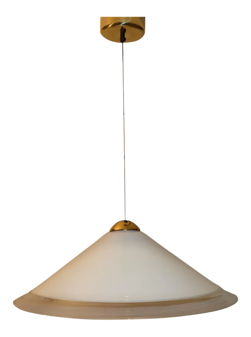 Italian Mid Century Modern Murano Glass Pendant Lamp: Murano Pendant Light: Murano Hand Blown Milky White Glass with Crystal "Rigadin" Border. Canopy and metal detail gold plated. Designed by Ufficio Tecnico ITRE for ITRE. Dimensions: Glass diameter