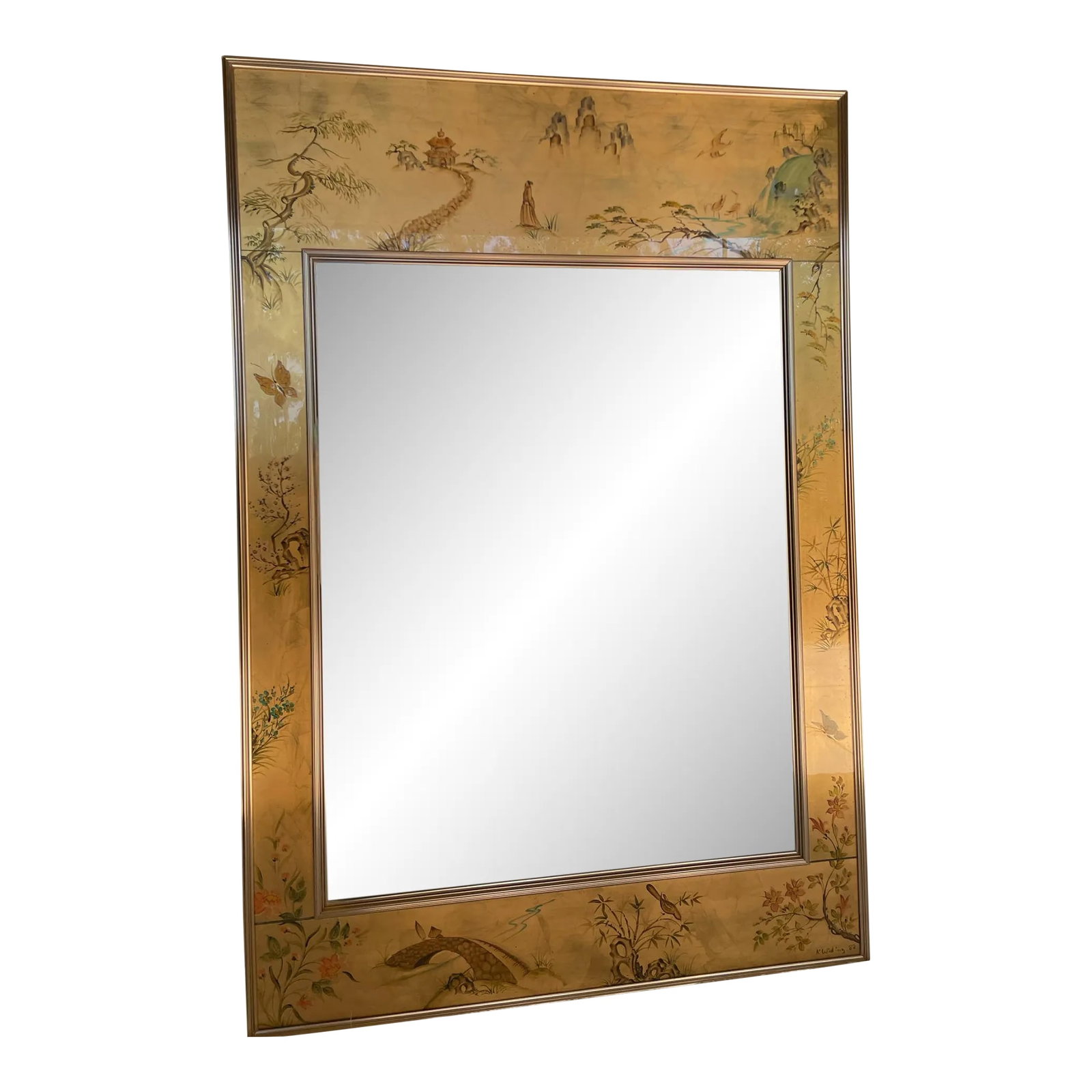 Vintage La Barge Hand Painted Gold Leaf Rectangular Decorative Mirror: Bring a touch of history and elegance into your home with this Vintage 1980s La Barge Chinoiserie Mirror. Hand-painted and signed by the artist, this mirror showcases a picturesque scene with an