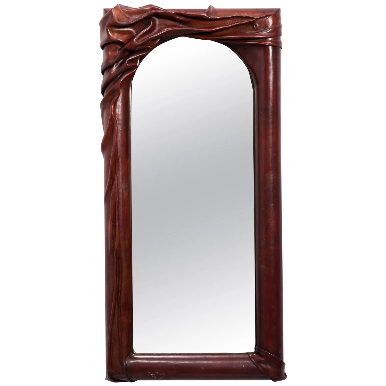 Sculptural Leather Wall Mirror: Sculptural leather wall mirror. Condition: Alterations: Original Condition Unaltered Imperfections: Some Imperfections Condition Notes: Good Minor Paint marks on the bottom. Wear consistent with age
