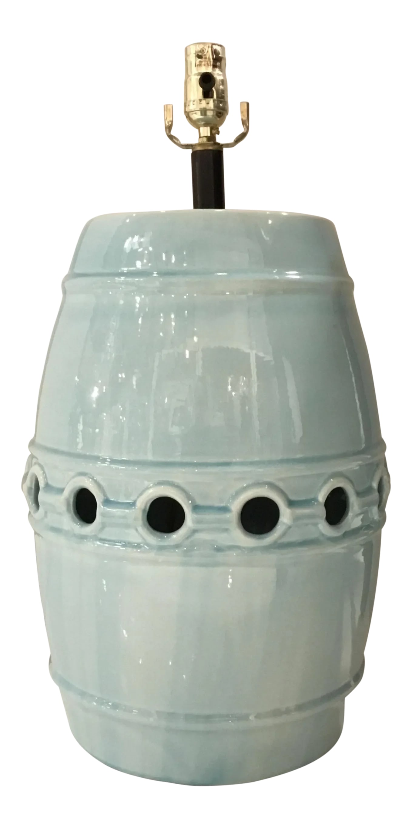 Large Modern Light Blue Glaze Porcelain Table Lamp: Stylish Large Modern Light Blue Glaze Porcelain Table Lamp, pierced circular pattern, showroom floor sample Body Height: 17" Condition: Imperfections: Some Imperfections Condition Notes: Showroom