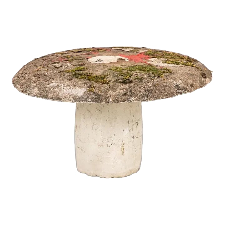 Mushroom Toadstool Garden Ornament or Cocktail Table, France 1960: From 1960s France emerges a delightful Mushroom Toadstool Garden Ornament or Cocktail Table, boasting a vivid red cap adorned with charming white spots, juxtaposed against a timeworn white concrete